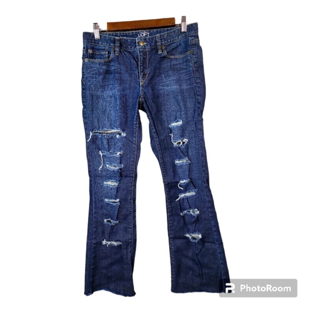 Ann Taylor Loft Distressed Modern Mid-Rise Boot Dark Blue Denim Jeans Size 6